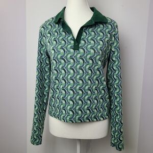 Zara henley retro geometric jacquard long sleeve shirt, sz L (PTP 23")
